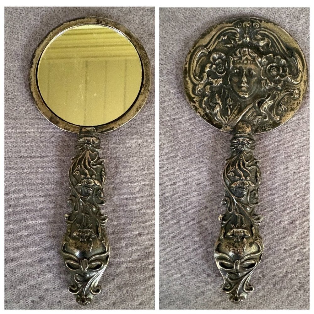 Antique Hand Mirror Silver or Silver Plated with Female Portrait